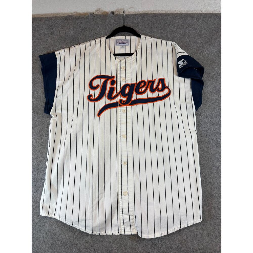 Vintage 90s Starter Detroit Tigers Baseball Jersey Mens XL White Blue Pinstripe